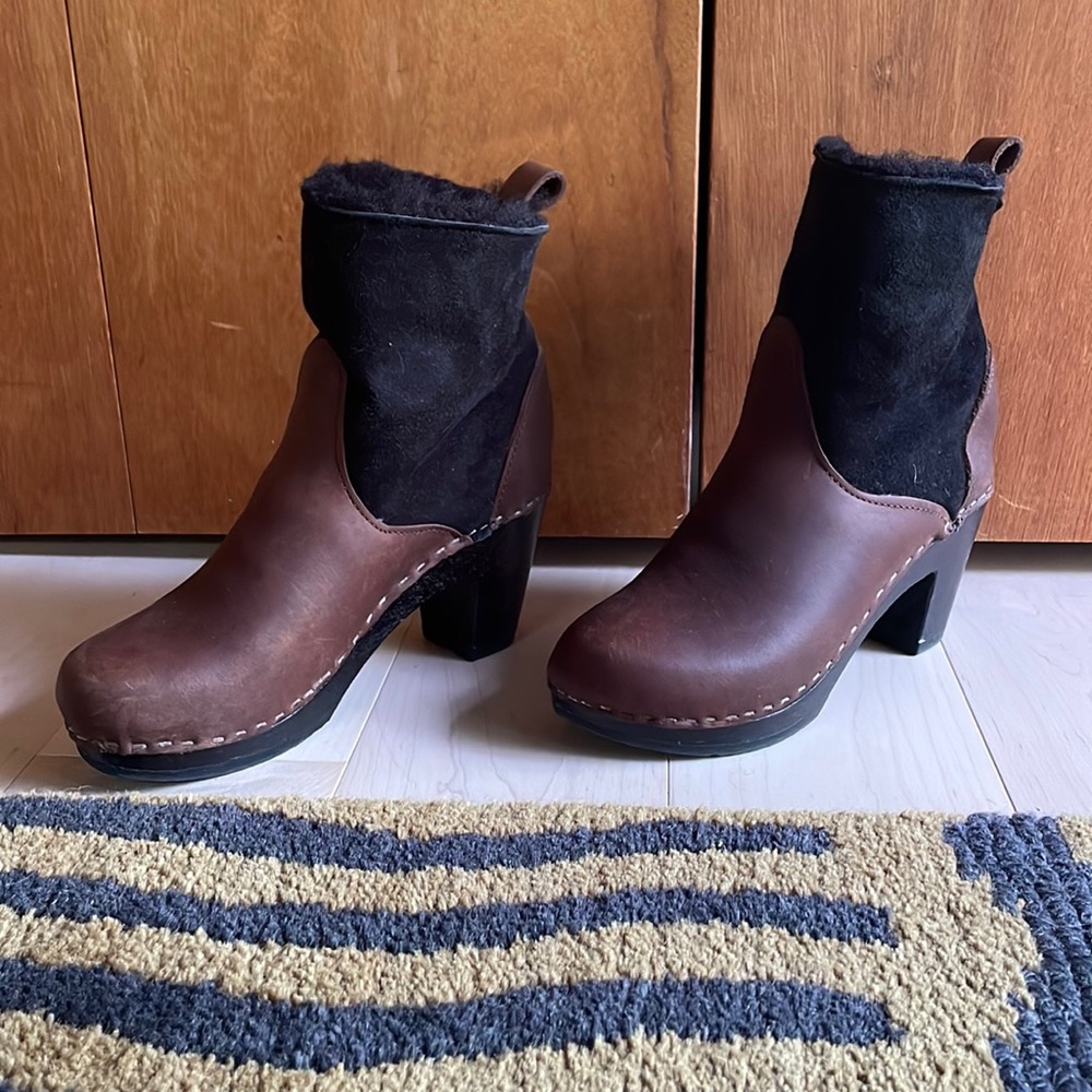 No. 6 Store Pull On Shearling Boot on High Heel - Dark Brown Leather & Suede